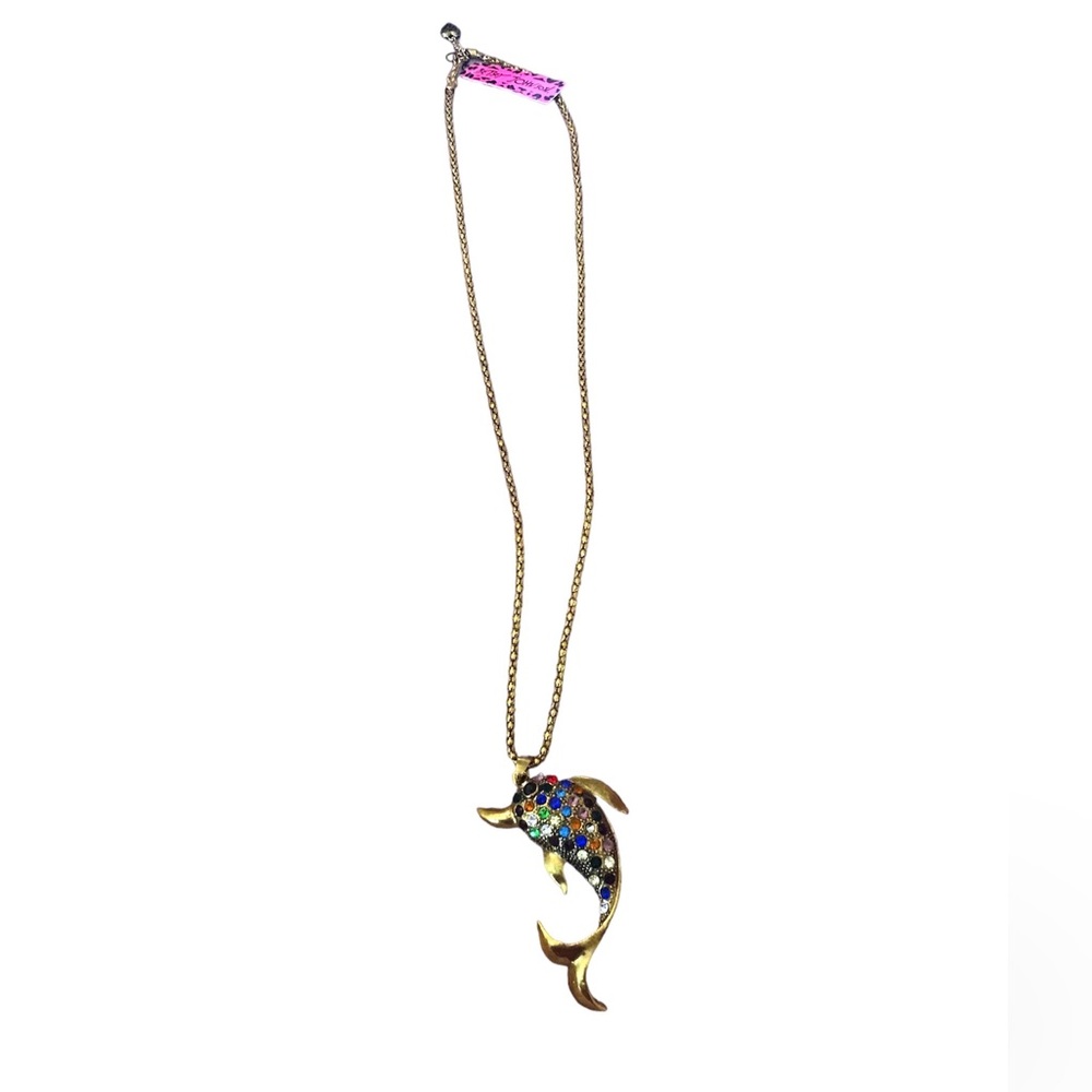 🆕 NWT Betsey Johnson Goldtone Rainbow Crystal 🐬 Dolphin Necklace